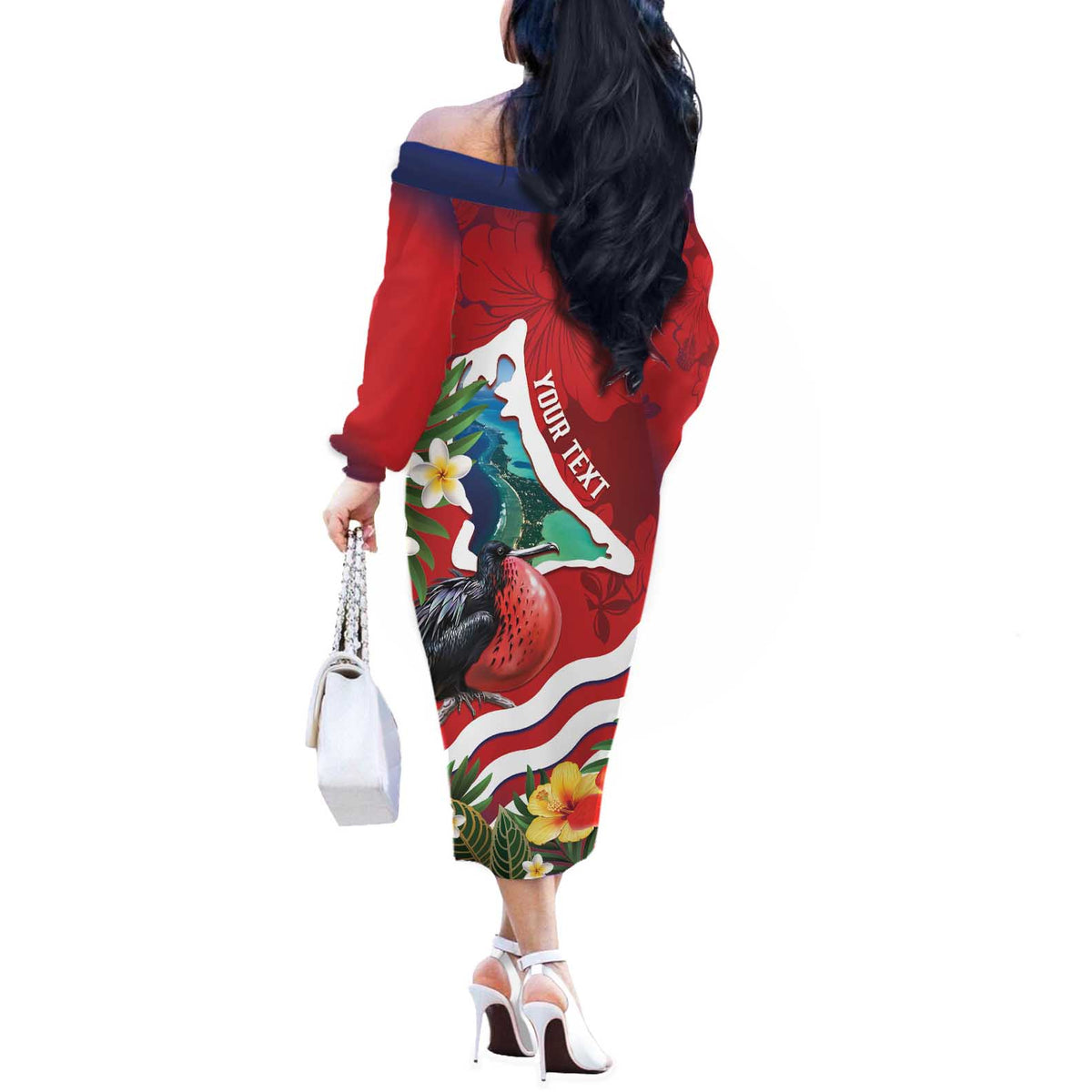 Personalised Kiribati Tarawa Atoll Off The Shoulder Long Sleeve Dress Frigate Bird With Map Tropical Style LT14 - Polynesian Pride