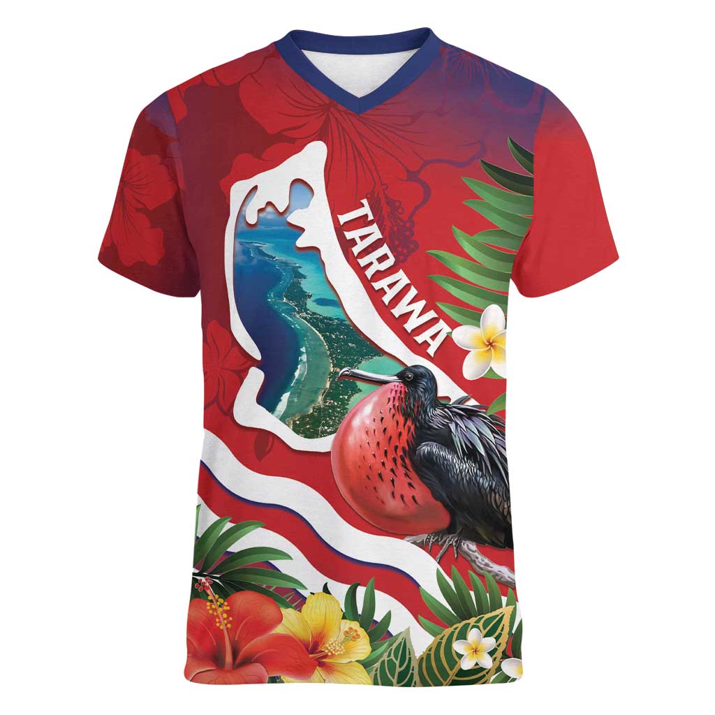 Personalised Kiribati Tarawa Atoll Women V-Neck T-Shirt Frigate Bird With Map Tropical Style LT14 Female Red - Polynesian Pride
