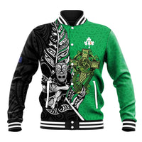 New Zealand and Ireland Rugby Custom Baseball Jacket Maori Tiki Fern Irish Celtic Cross LT14 Unisex Green - Polynesian Pride