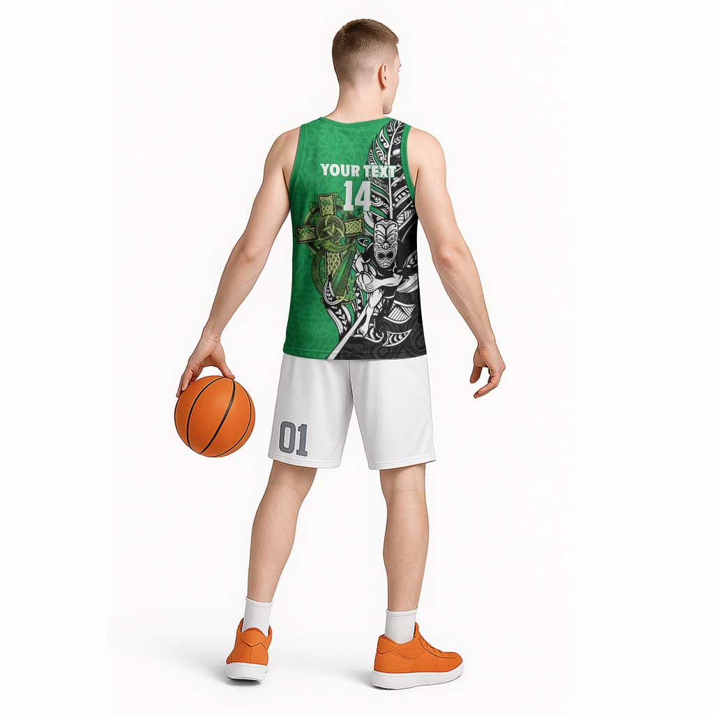 New Zealand and Ireland Rugby Custom Basketball Jersey Maori Tiki Fern Irish Celtic Cross - Polynesian Pride