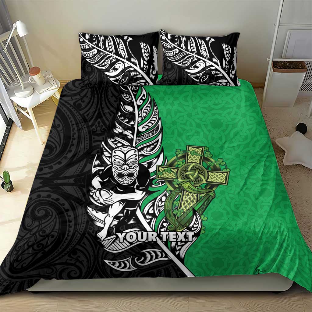 New Zealand and Ireland Rugby Custom Bedding Set Maori Tiki Fern Irish Celtic Cross - Polynesian Pride
