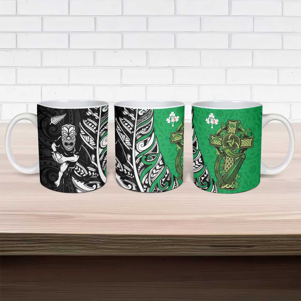 New Zealand and Ireland Rugby Ceramic Mug Maori Tiki Fern Irish Celtic Cross - Polynesian Pride