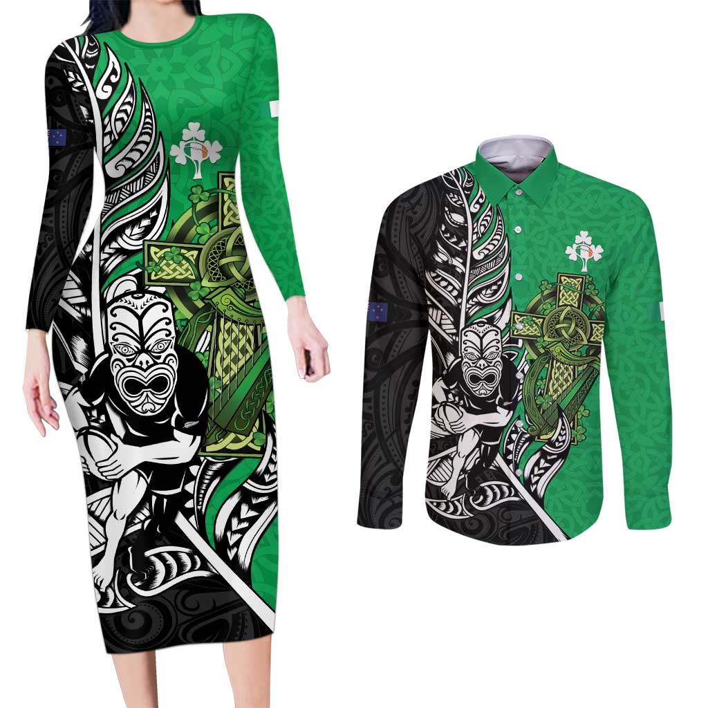 New Zealand and Ireland Rugby Custom Couples Matching Long Sleeve Bodycon Dress and Long Sleeve Button Shirt Maori Tiki Fern Irish Celtic Cross LT14 Green - Polynesian Pride