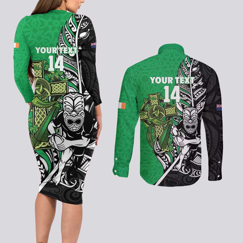 New Zealand and Ireland Rugby Custom Couples Matching Long Sleeve Bodycon Dress and Long Sleeve Button Shirt Maori Tiki Fern Irish Celtic Cross LT14 - Polynesian Pride