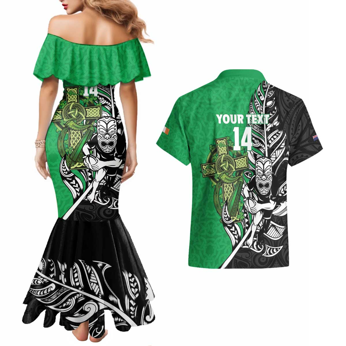 New Zealand and Ireland Rugby Custom Couples Matching Mermaid Dress and Hawaiian Shirt Maori Tiki Fern Irish Celtic Cross - Polynesian Pride