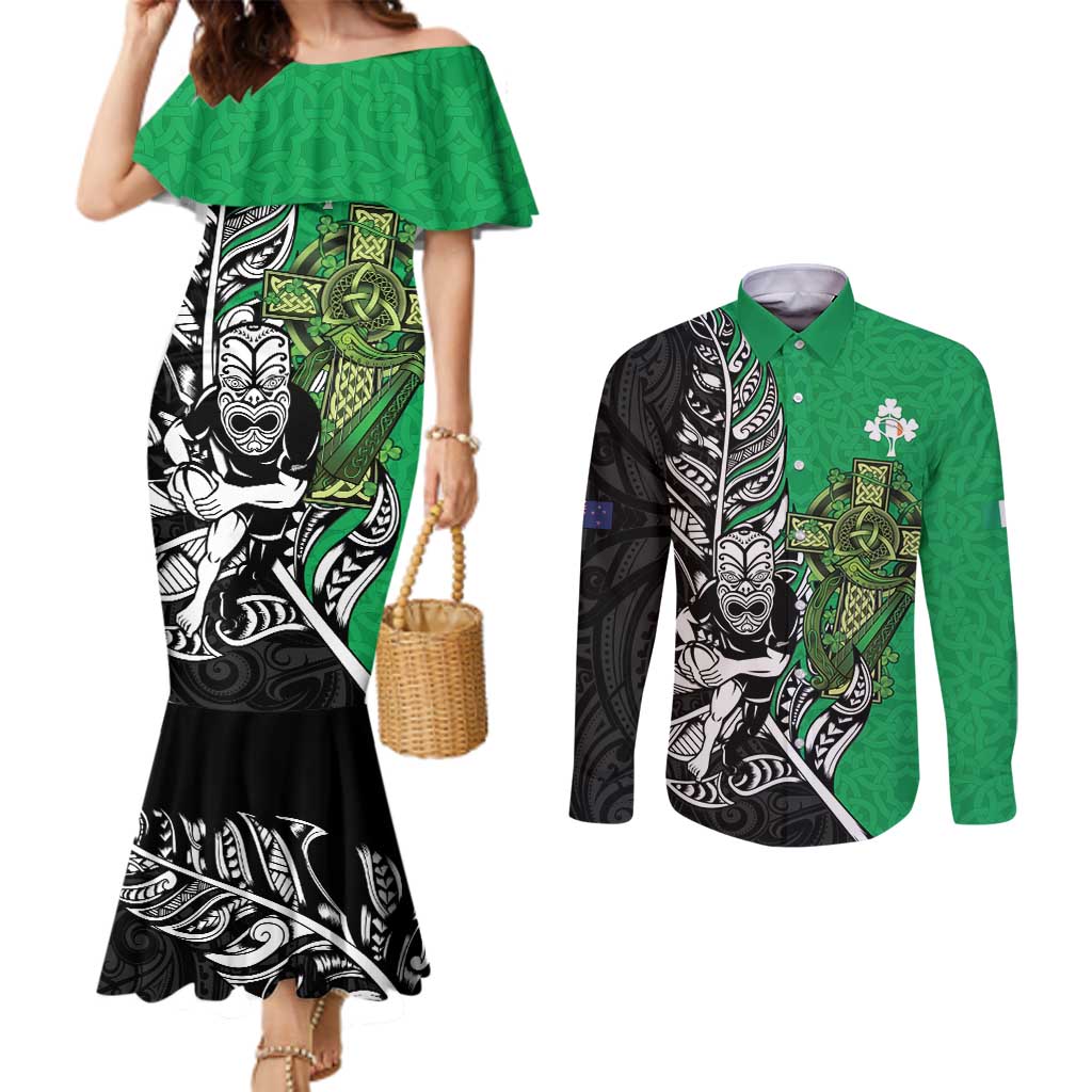 New Zealand and Ireland Rugby Custom Couples Matching Mermaid Dress and Long Sleeve Button Shirt Maori Tiki Fern Irish Celtic Cross LT14 Green - Polynesian Pride