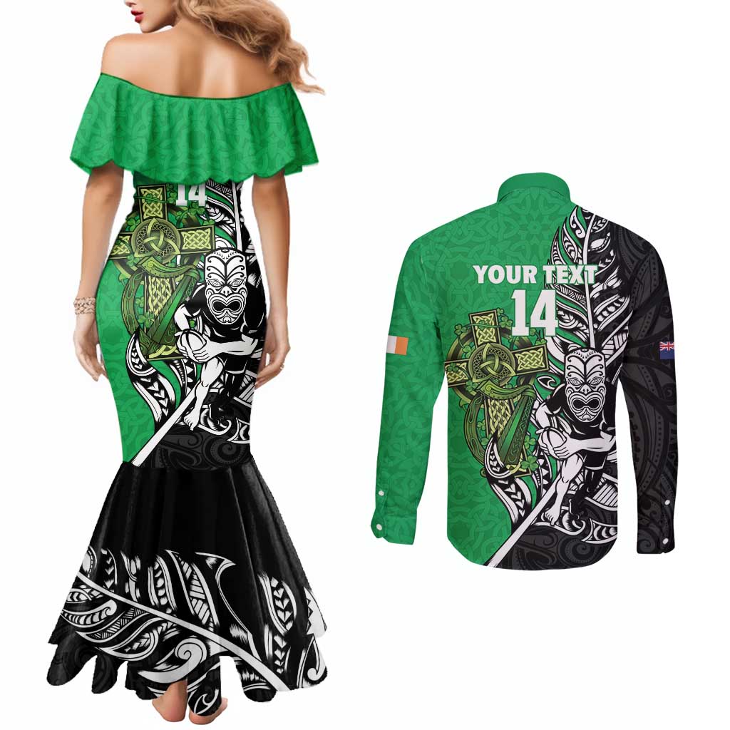 New Zealand and Ireland Rugby Custom Couples Matching Mermaid Dress and Long Sleeve Button Shirt Maori Tiki Fern Irish Celtic Cross LT14 - Polynesian Pride