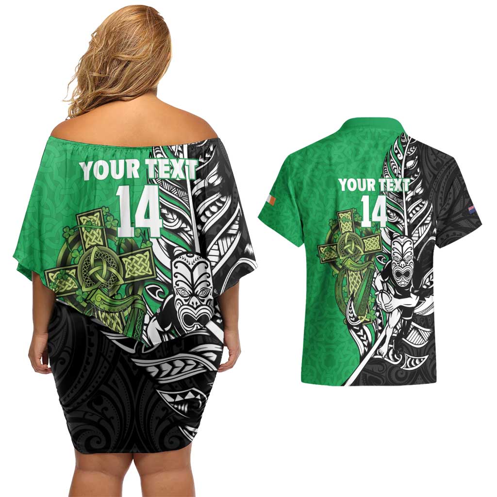 New Zealand and Ireland Rugby Custom Couples Matching Off Shoulder Short Dress and Hawaiian Shirt Maori Tiki Fern Irish Celtic Cross - Polynesian Pride