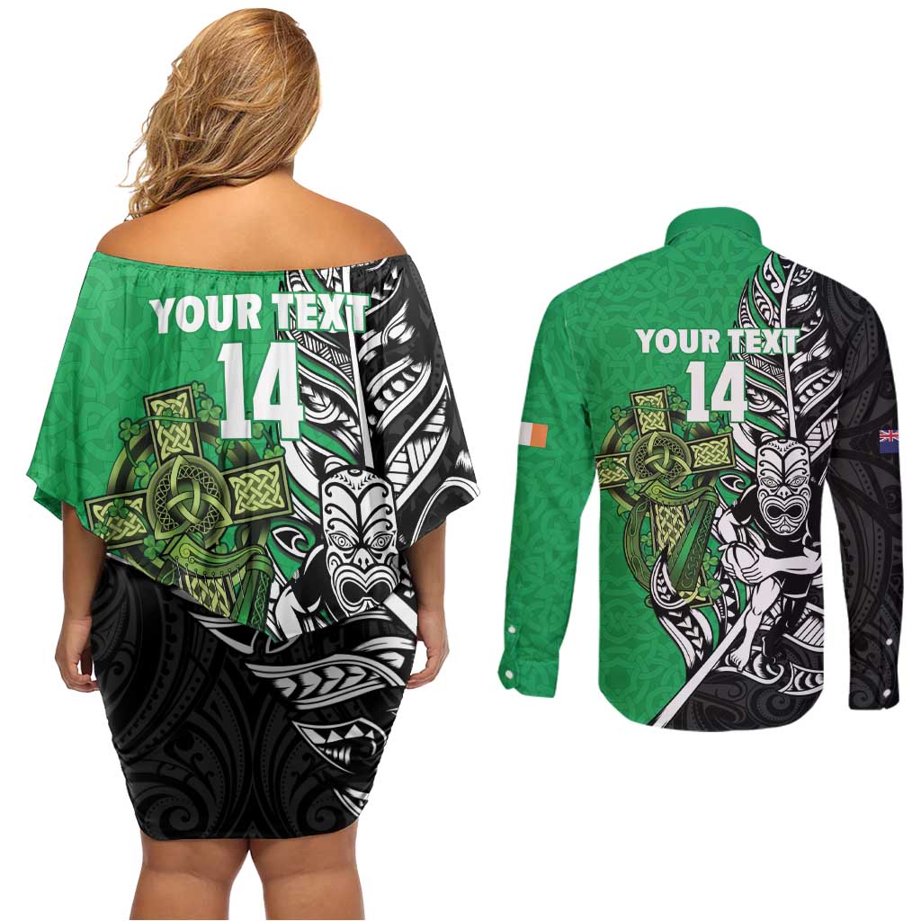 New Zealand and Ireland Rugby Custom Couples Matching Off Shoulder Short Dress and Long Sleeve Button Shirt Maori Tiki Fern Irish Celtic Cross LT14 - Polynesian Pride