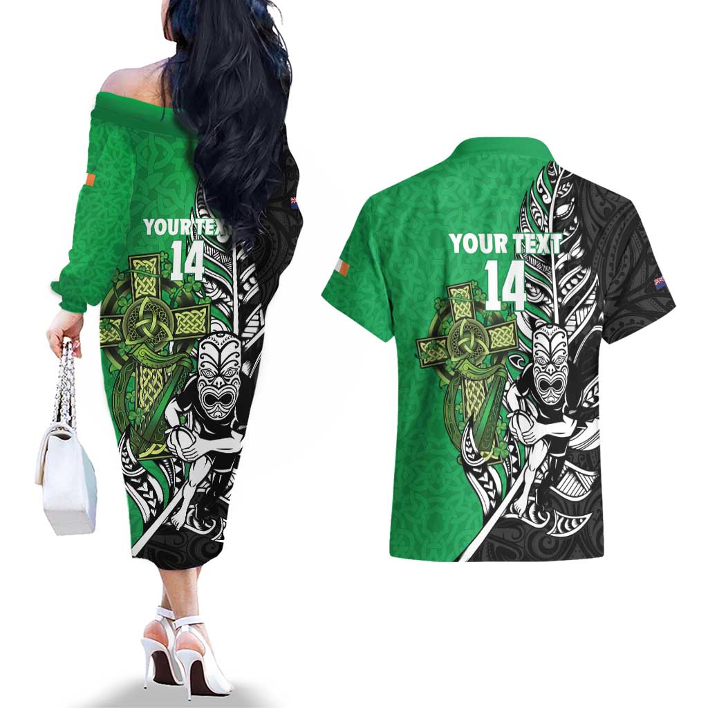New Zealand and Ireland Rugby Custom Couples Matching Off The Shoulder Long Sleeve Dress and Hawaiian Shirt Maori Tiki Fern Irish Celtic Cross - Polynesian Pride