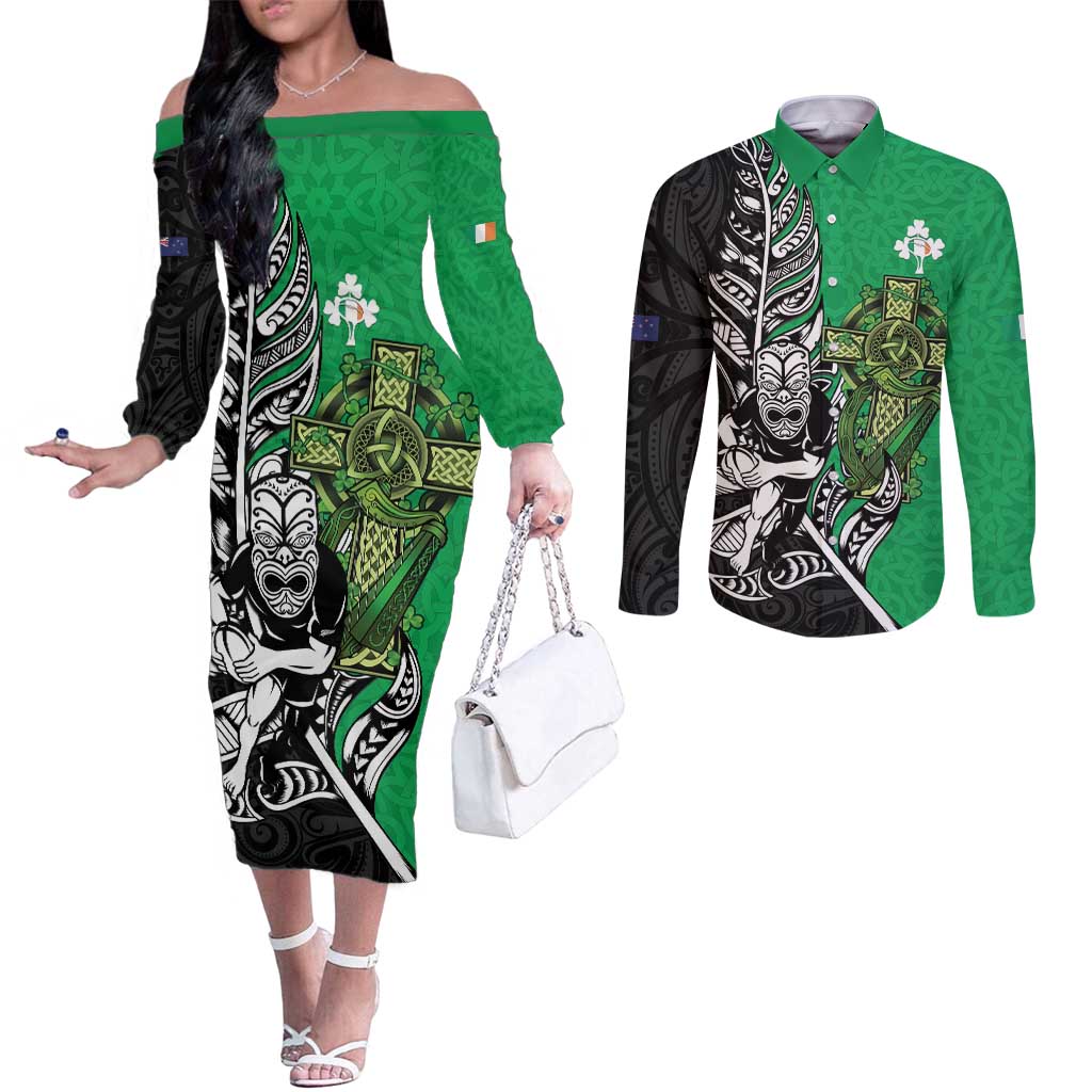 New Zealand and Ireland Rugby Custom Couples Matching Off The Shoulder Long Sleeve Dress and Long Sleeve Button Shirt Maori Tiki Fern Irish Celtic Cross LT14 Green - Polynesian Pride