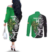 New Zealand and Ireland Rugby Custom Couples Matching Off The Shoulder Long Sleeve Dress and Long Sleeve Button Shirt Maori Tiki Fern Irish Celtic Cross LT14 - Polynesian Pride