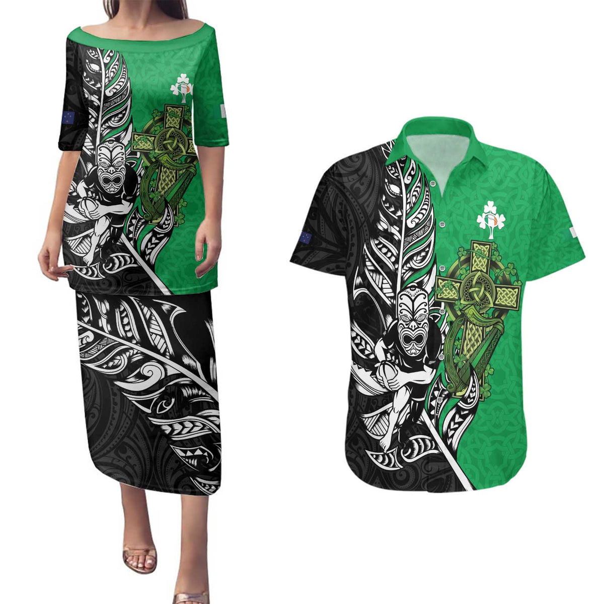 New Zealand and Ireland Rugby Custom Couples Matching Puletasi and Hawaiian Shirt Maori Tiki Fern Irish Celtic Cross LT14 Green - Polynesian Pride