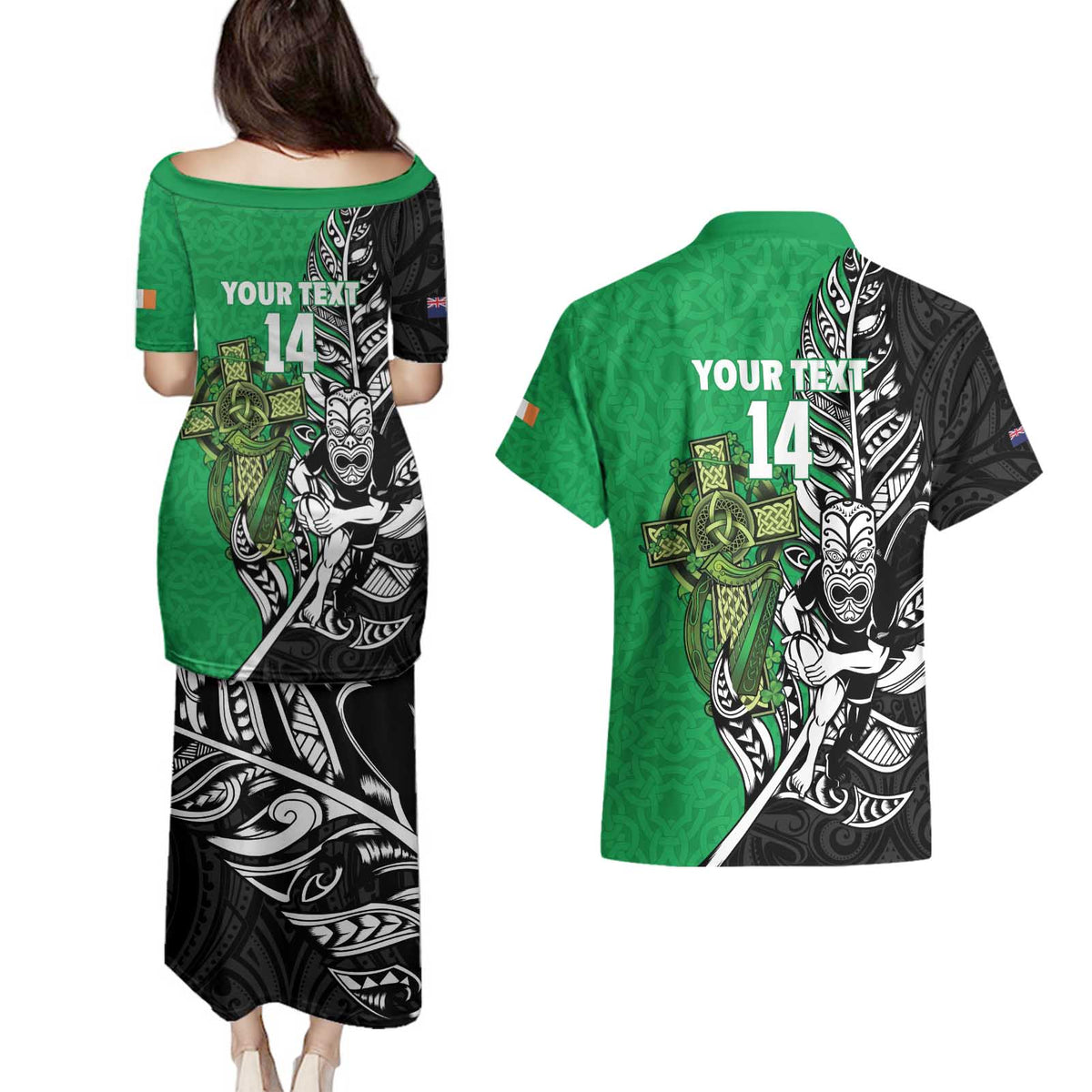 New Zealand and Ireland Rugby Custom Couples Matching Puletasi and Hawaiian Shirt Maori Tiki Fern Irish Celtic Cross LT14 - Polynesian Pride