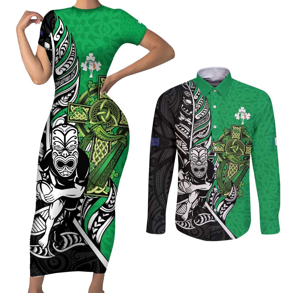 New Zealand and Ireland Rugby Custom Couples Matching Short Sleeve Bodycon Dress and Long Sleeve Button Shirt Maori Tiki Fern Irish Celtic Cross LT14 Green - Polynesian Pride