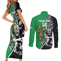 New Zealand and Ireland Rugby Custom Couples Matching Short Sleeve Bodycon Dress and Long Sleeve Button Shirt Maori Tiki Fern Irish Celtic Cross LT14 - Polynesian Pride