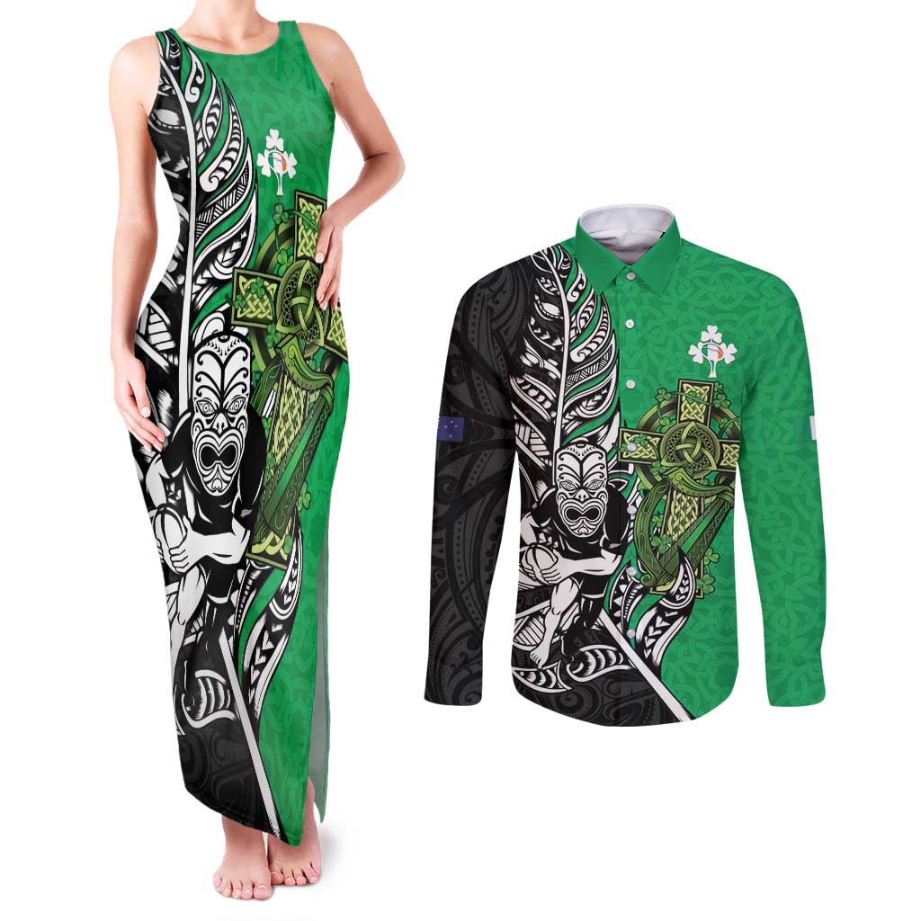 New Zealand and Ireland Rugby Custom Couples Matching Tank Maxi Dress and Long Sleeve Button Shirt Maori Tiki Fern Irish Celtic Cross - Polynesian Pride