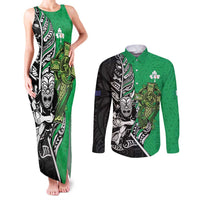 New Zealand and Ireland Rugby Custom Couples Matching Tank Maxi Dress and Long Sleeve Button Shirt Maori Tiki Fern Irish Celtic Cross LT14 Green - Polynesian Pride