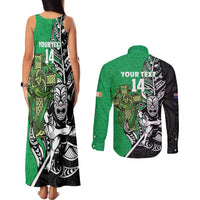 New Zealand and Ireland Rugby Custom Couples Matching Tank Maxi Dress and Long Sleeve Button Shirt Maori Tiki Fern Irish Celtic Cross LT14 - Polynesian Pride