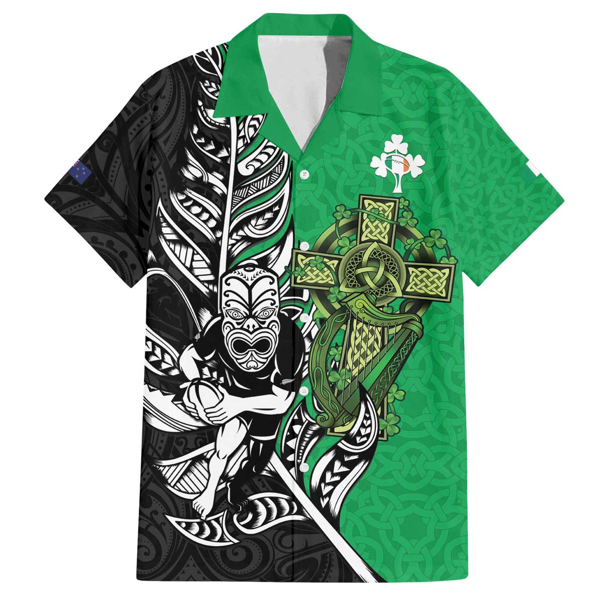 New Zealand and Ireland Rugby Custom Family Matching Off The Shoulder Long Sleeve Dress and Hawaiian Shirt Maori Tiki Fern Irish Celtic Cross - Polynesian Pride