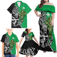 New Zealand and Ireland Rugby Custom Family Matching Off Shoulder Maxi Dress and Hawaiian Shirt Maori Tiki Fern Irish Celtic Cross - Polynesian Pride