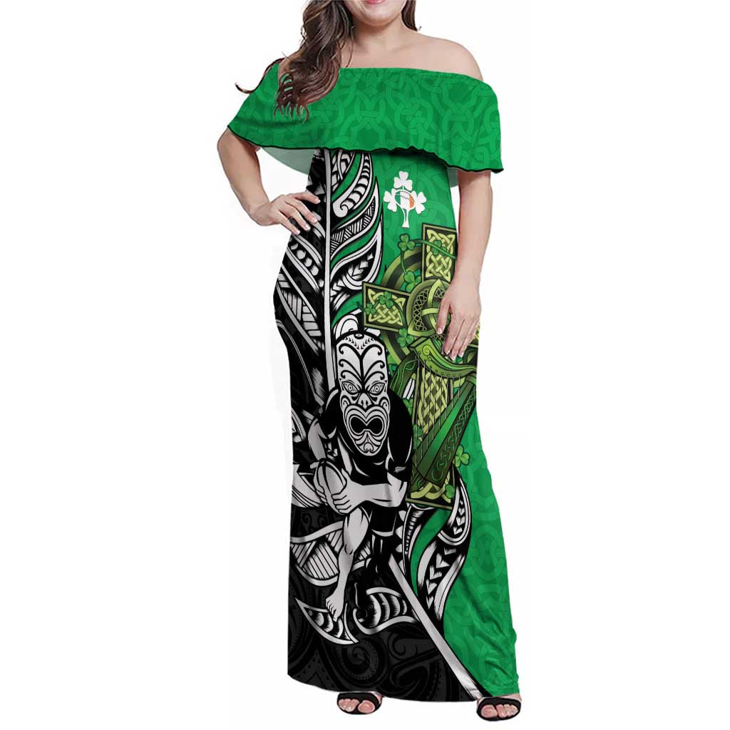 New Zealand and Ireland Rugby Custom Family Matching Off Shoulder Maxi Dress and Hawaiian Shirt Maori Tiki Fern Irish Celtic Cross - Polynesian Pride