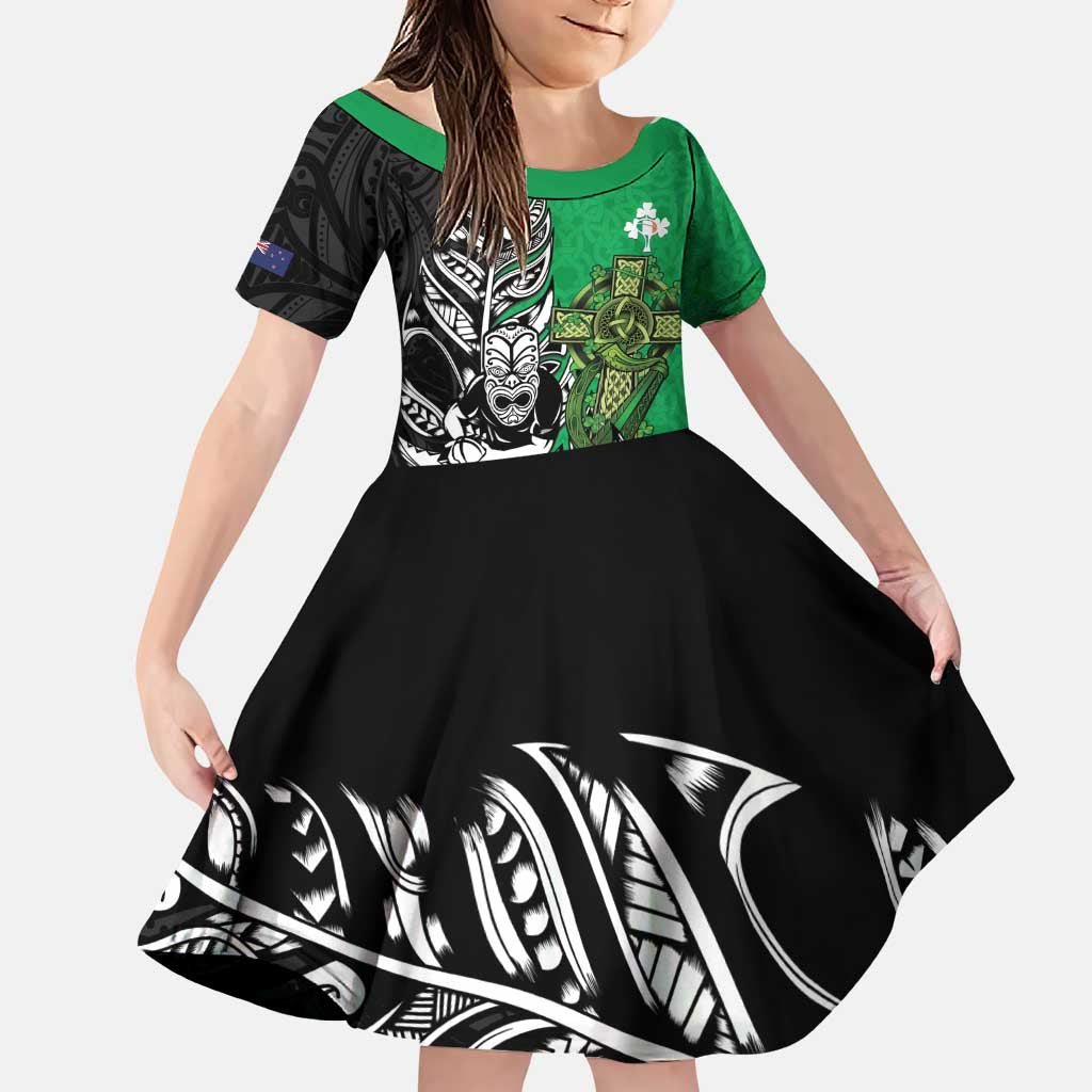 New Zealand and Ireland Rugby Custom Family Matching Puletasi and Hawaiian Shirt Maori Tiki Fern Irish Celtic Cross LT14 Daughter's Dress Green - Polynesian Pride
