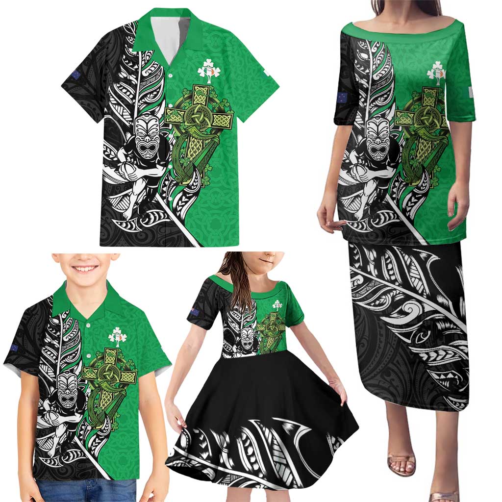 New Zealand and Ireland Rugby Custom Family Matching Puletasi and Hawaiian Shirt Maori Tiki Fern Irish Celtic Cross LT14 - Polynesian Pride