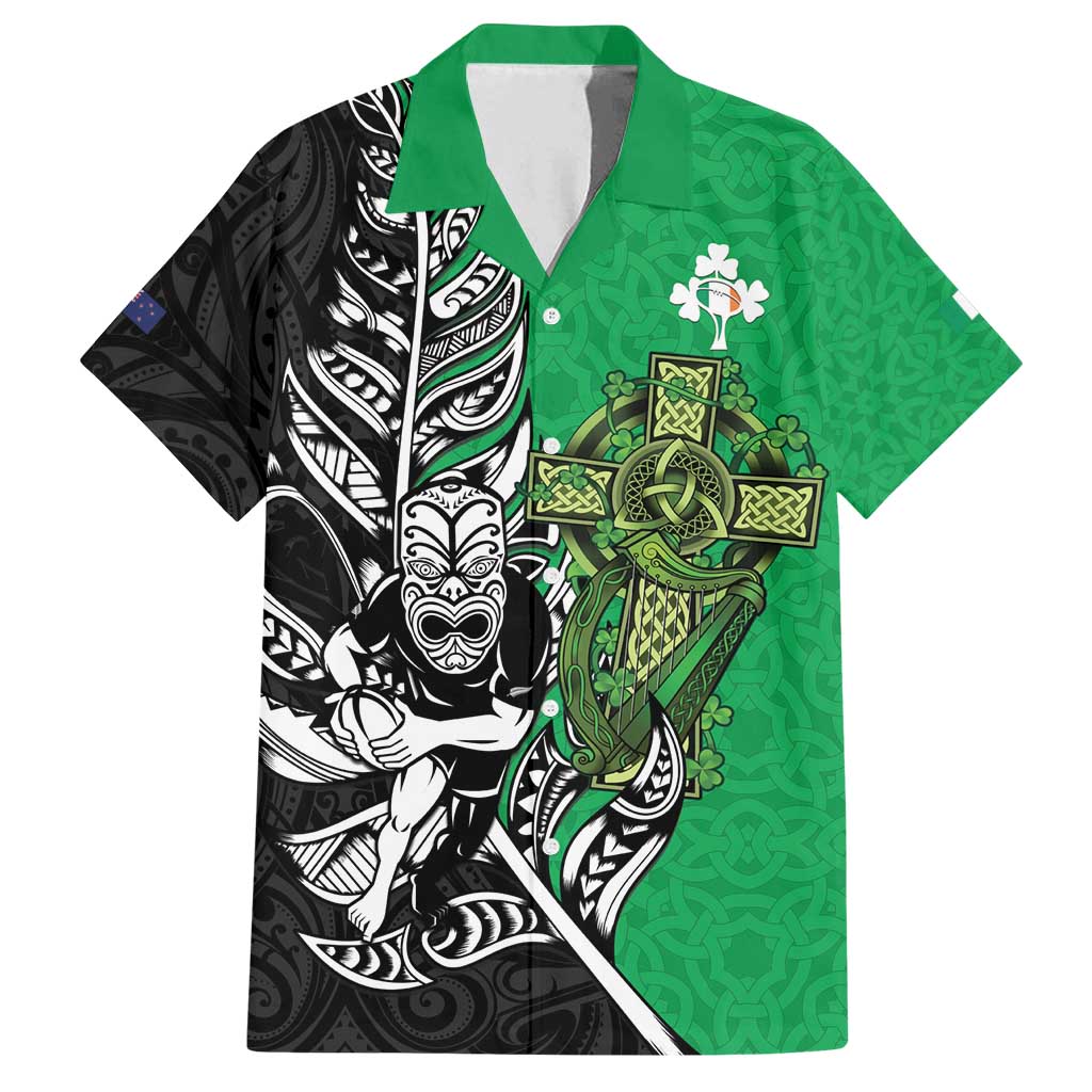 New Zealand and Ireland Rugby Custom Family Matching Puletasi and Hawaiian Shirt Maori Tiki Fern Irish Celtic Cross LT14 Dad's Shirt - Short Sleeve Green - Polynesian Pride