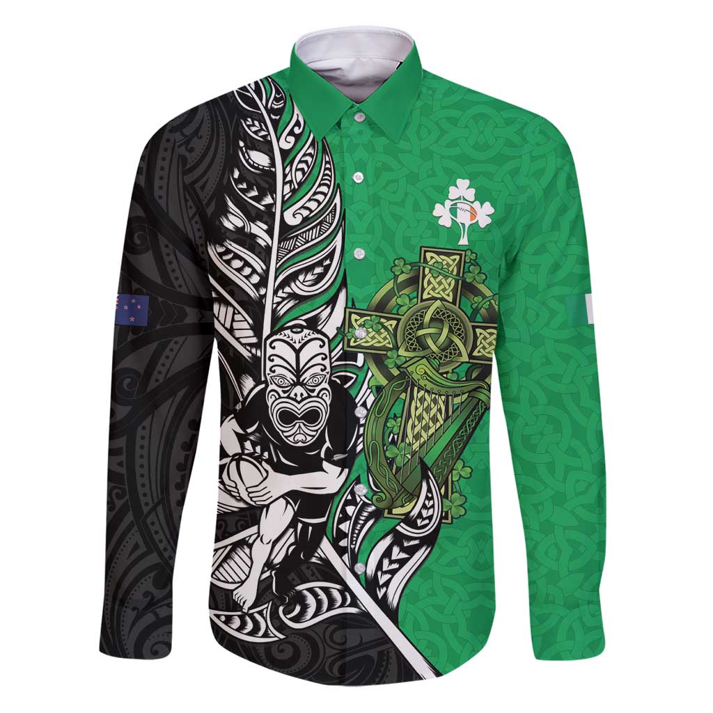 New Zealand and Ireland Rugby Custom Family Matching Puletasi and Hawaiian Shirt Maori Tiki Fern Irish Celtic Cross LT14 Dad's Shirt - Long Sleeve Green - Polynesian Pride
