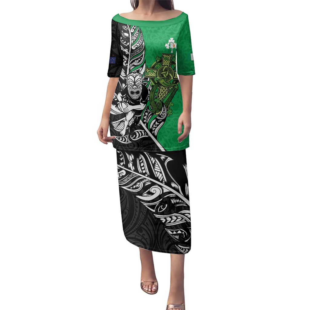 New Zealand and Ireland Rugby Custom Family Matching Puletasi and Hawaiian Shirt Maori Tiki Fern Irish Celtic Cross LT14 Mom's Dress Green - Polynesian Pride
