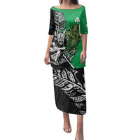 New Zealand and Ireland Rugby Custom Family Matching Puletasi and Hawaiian Shirt Maori Tiki Fern Irish Celtic Cross LT14 Mom's Dress Green - Polynesian Pride