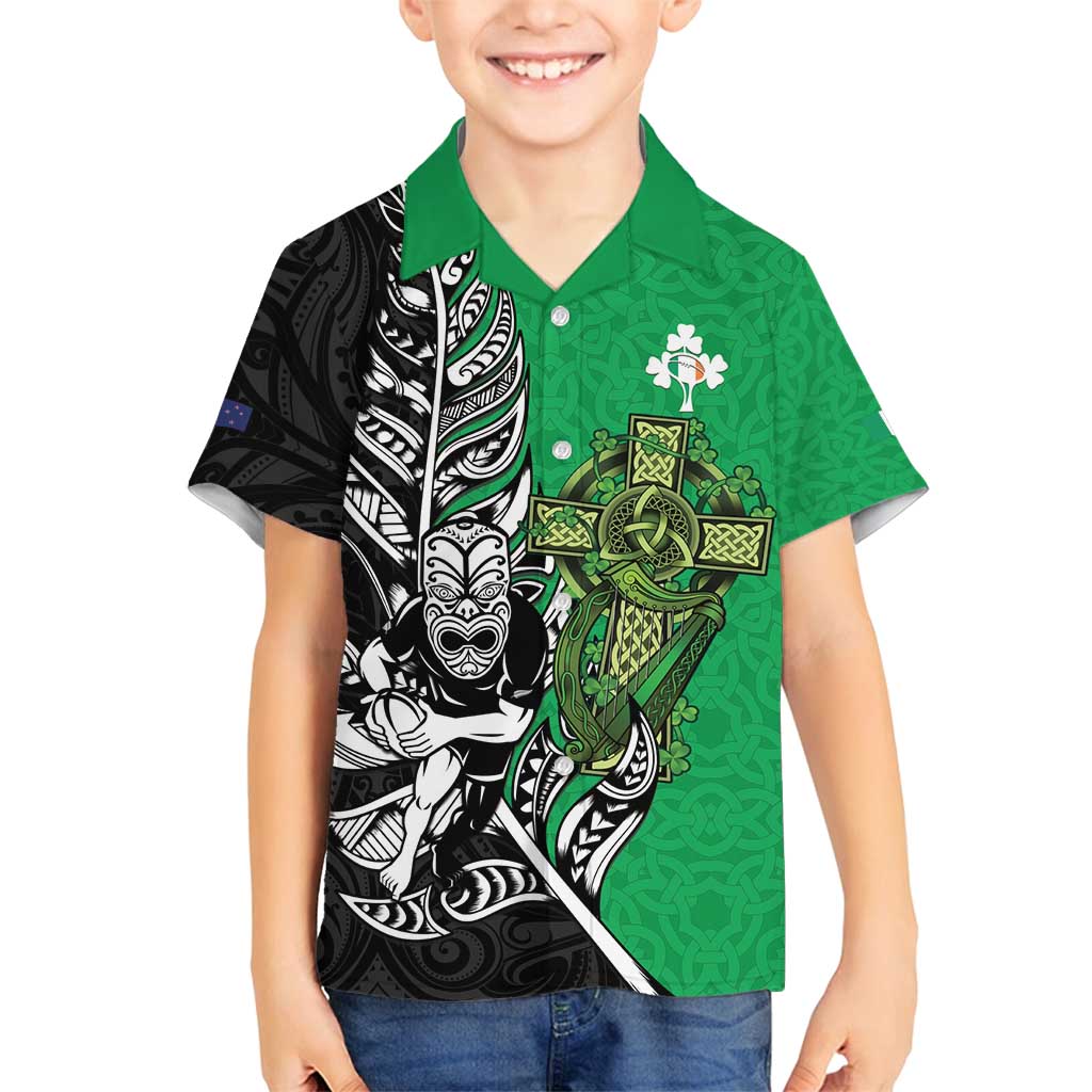 New Zealand and Ireland Rugby Custom Family Matching Puletasi and Hawaiian Shirt Maori Tiki Fern Irish Celtic Cross LT14 Son's Shirt Green - Polynesian Pride