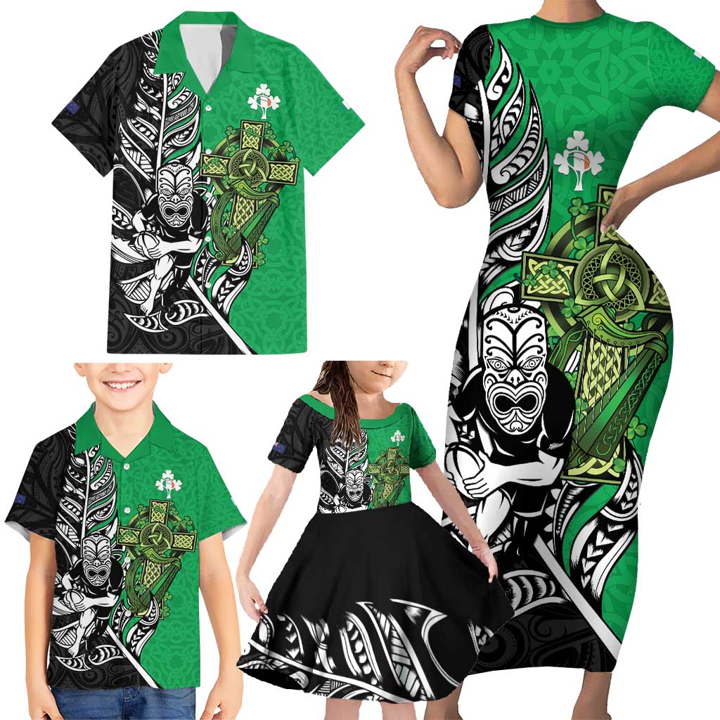 New Zealand and Ireland Rugby Custom Family Matching Short Sleeve Bodycon Dress and Hawaiian Shirt Maori Tiki Fern Irish Celtic Cross - Polynesian Pride
