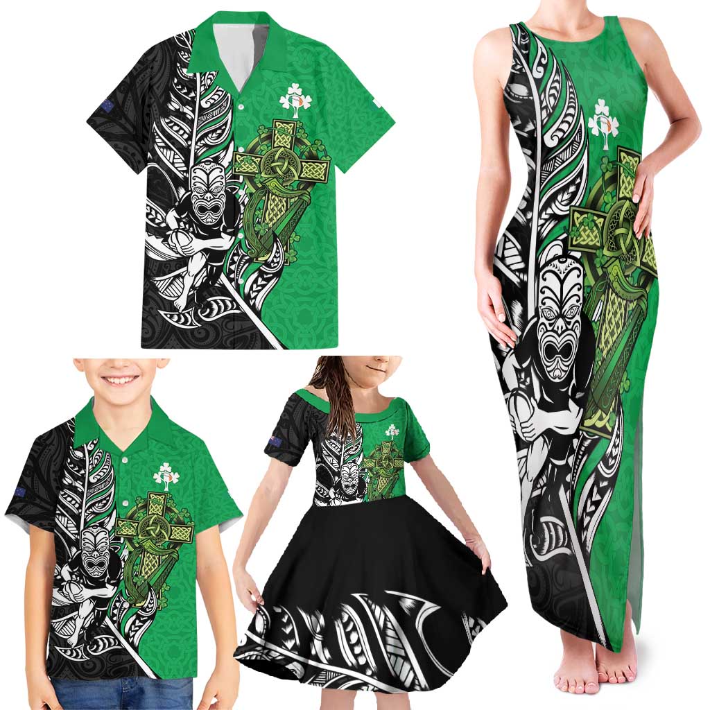 New Zealand and Ireland Rugby Custom Family Matching Tank Maxi Dress and Hawaiian Shirt Maori Tiki Fern Irish Celtic Cross - Polynesian Pride