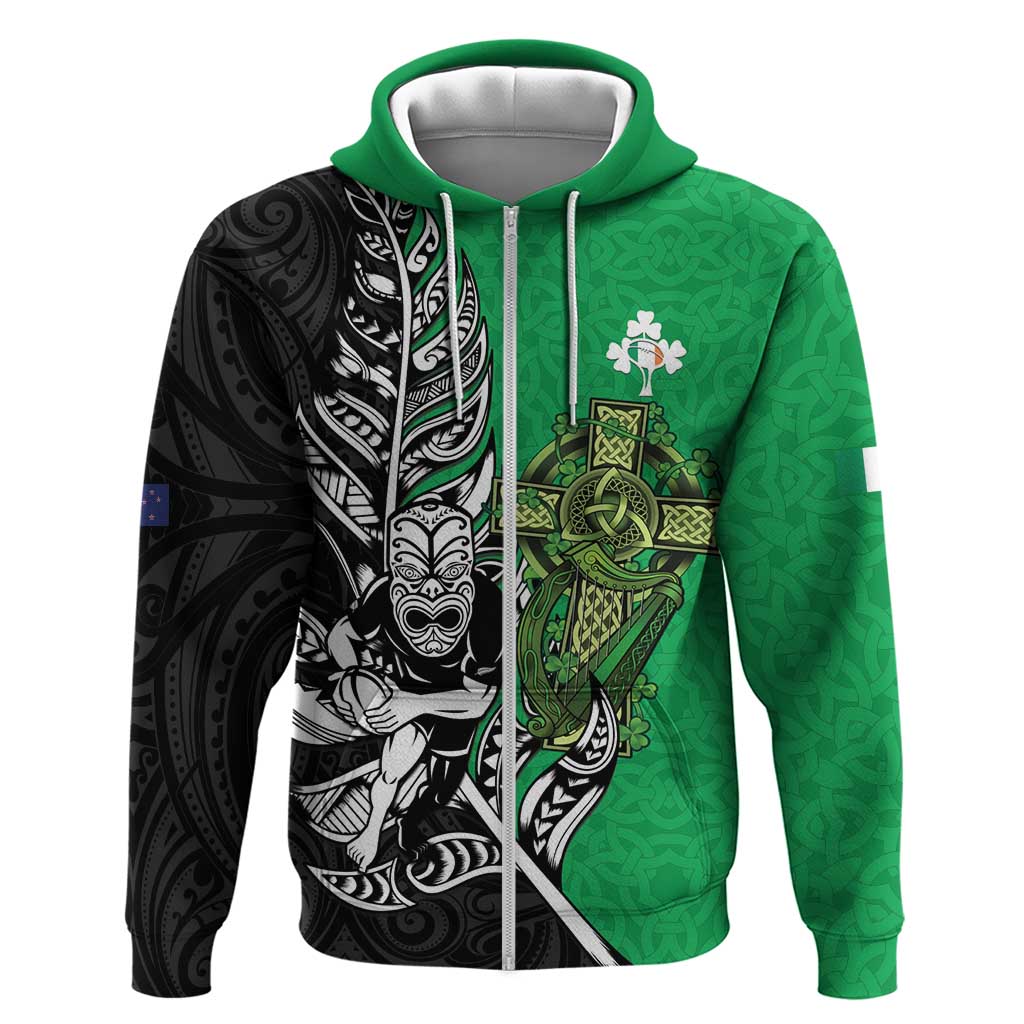 New Zealand and Ireland Rugby Custom Hoodie Maori Tiki Fern Irish Celtic Cross - Polynesian Pride