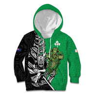 New Zealand and Ireland Rugby Custom Kid Hoodie Maori Tiki Fern Irish Celtic Cross - Polynesian Pride
