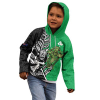 New Zealand and Ireland Rugby Custom Kid Hoodie Maori Tiki Fern Irish Celtic Cross - Polynesian Pride