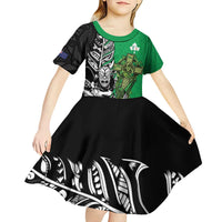 New Zealand and Ireland Rugby Custom Kid Short Sleeve Dress Maori Tiki Fern Irish Celtic Cross - Polynesian Pride