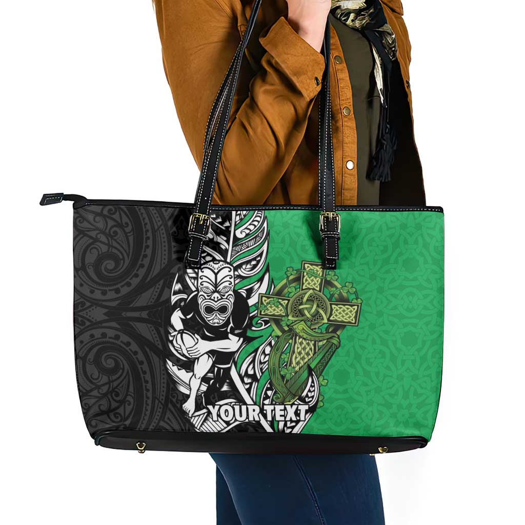 New Zealand and Ireland Rugby Custom Leather Tote Bag Maori Tiki Fern Irish Celtic Cross - Polynesian Pride