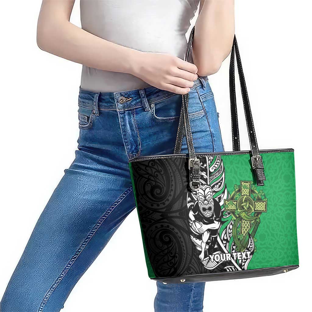 New Zealand and Ireland Rugby Custom Leather Tote Bag Maori Tiki Fern Irish Celtic Cross - Polynesian Pride