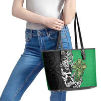 New Zealand and Ireland Rugby Custom Leather Tote Bag Maori Tiki Fern Irish Celtic Cross - Polynesian Pride