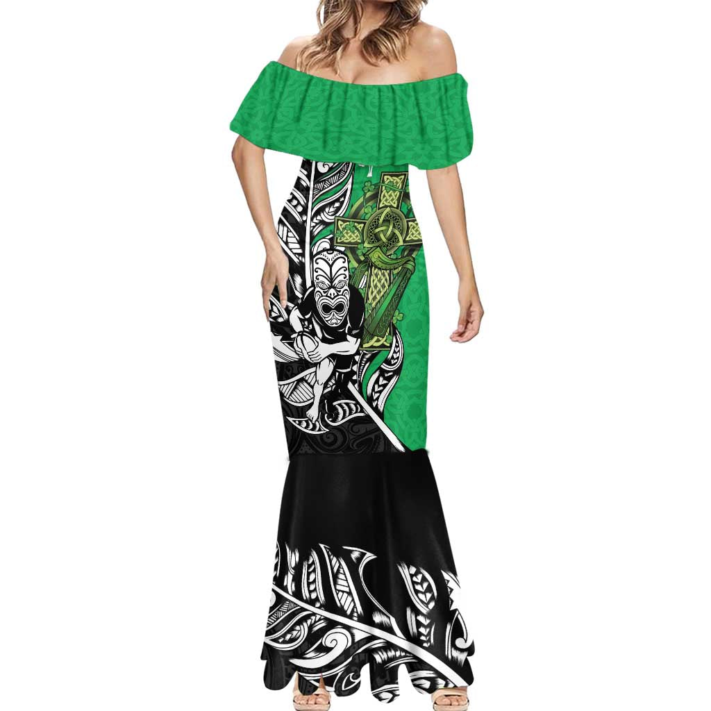 New Zealand and Ireland Rugby Custom Mermaid Dress Maori Tiki Fern Irish Celtic Cross - Polynesian Pride