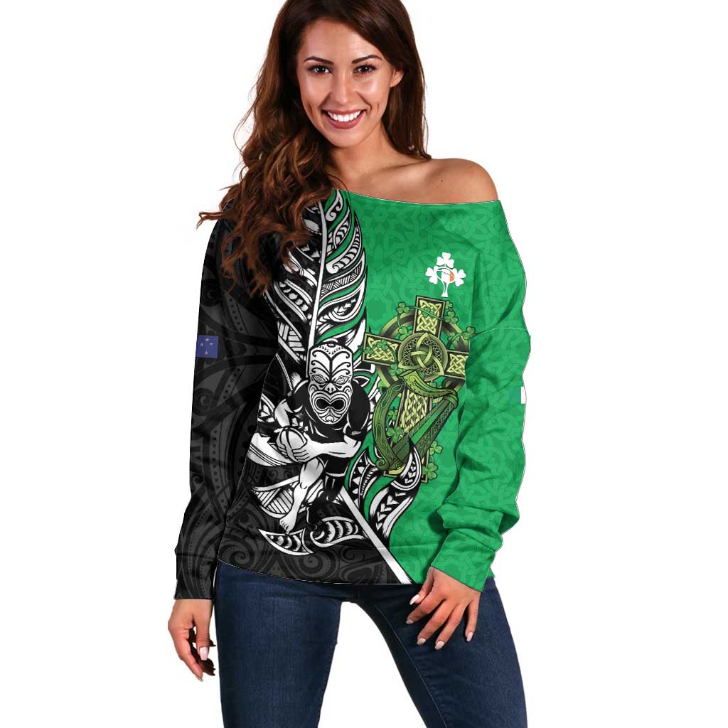 New Zealand and Ireland Rugby Custom Off Shoulder Sweater Maori Tiki Fern Irish Celtic Cross - Polynesian Pride