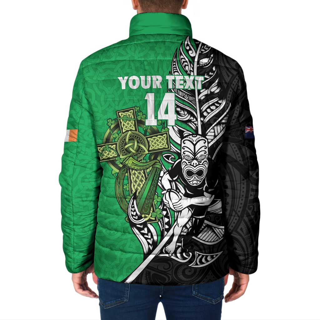New Zealand and Ireland Rugby Custom Padded Jacket Maori Tiki Fern Irish Celtic Cross - Polynesian Pride