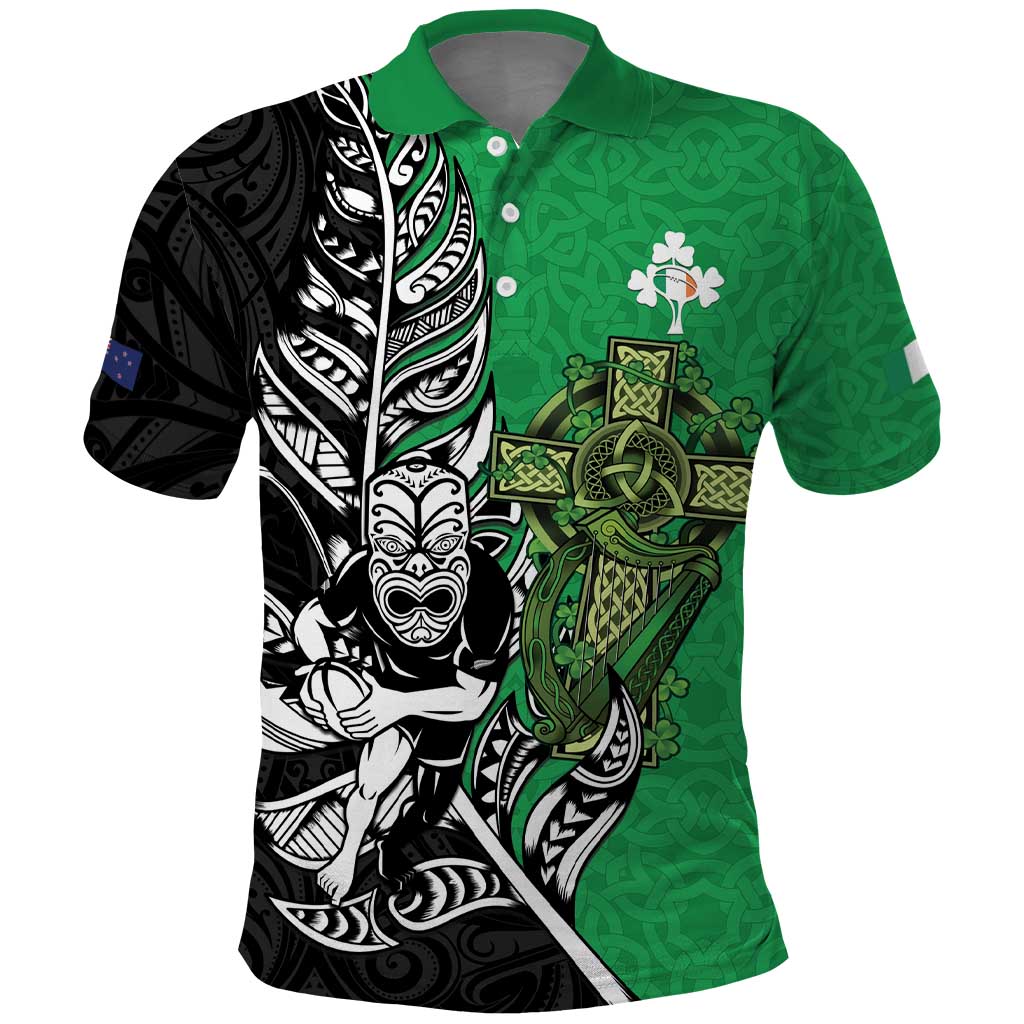 New Zealand and Ireland Rugby Custom Polo Shirt Maori Tiki Fern Irish Celtic Cross LT14 Green - Polynesian Pride