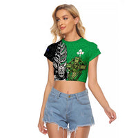 New Zealand and Ireland Rugby Custom Raglan Cropped T Shirt Maori Tiki Fern Irish Celtic Cross LT14 Female Green - Polynesian Pride