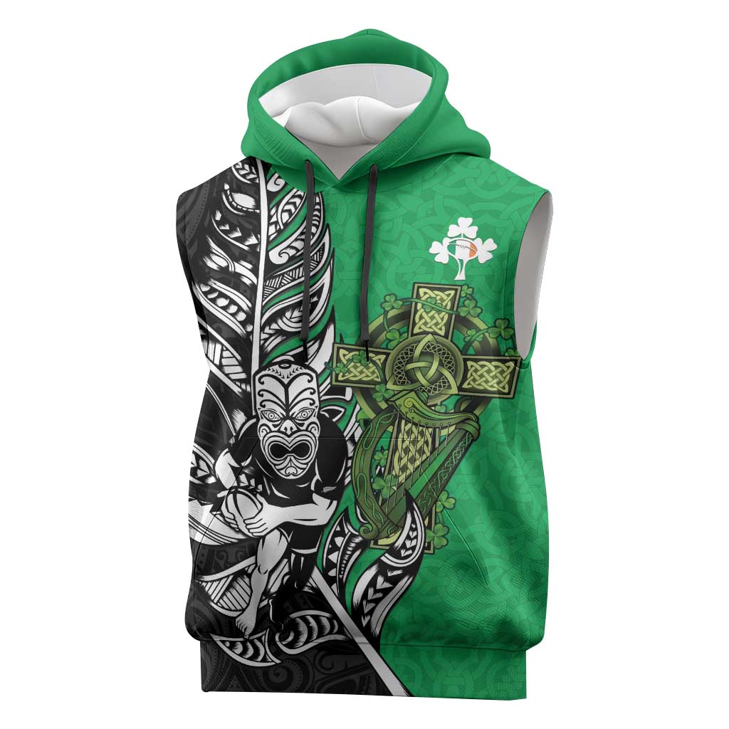 New Zealand and Ireland Rugby Custom Sleeveless Hoodie Maori Tiki Fern Irish Celtic Cross - Polynesian Pride