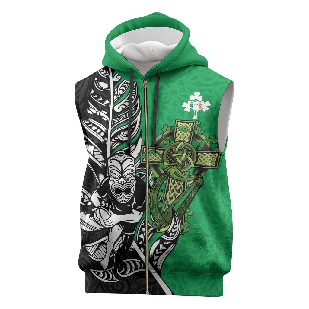 New Zealand and Ireland Rugby Custom Sleeveless Zip Hoodie Maori Tiki Fern Irish Celtic Cross - Polynesian Pride