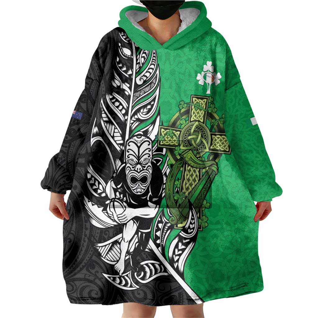 New Zealand and Ireland Rugby Custom Wearable Blanket Hoodie Maori Tiki Fern Irish Celtic Cross - Polynesian Pride